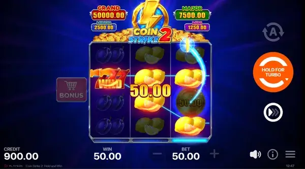 Coin Strike 2 Hold&Win slot reels with fruit symbols, gold coins and blue background
