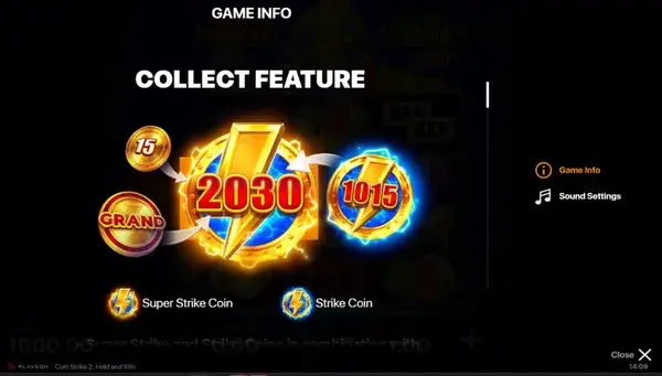 Coin Strike 2 Hold&Win rules page with RTP note, jackpot info and help buttons